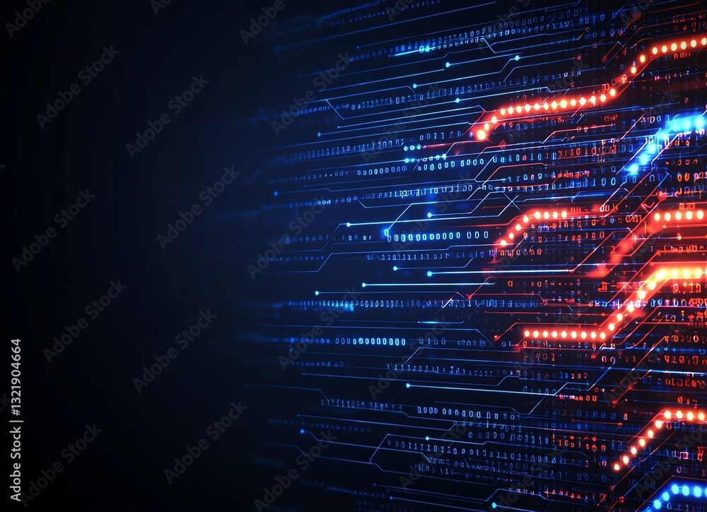 Poster a vibrant digital abstract background featuring blue and red lights moving along intricate circuits.