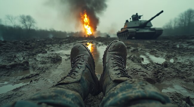 A pair of muddy military boots resting on wet ground with a tank and fire in the background.