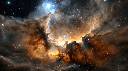 Obraz premium Cosmic Nebula Gold, Brown, and Blue Nebula with Bright Stars