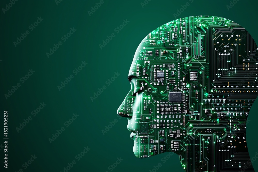 Poster a futuristic humanoid head silhouette filled with intricate circuit board patterns, symbolizing the 