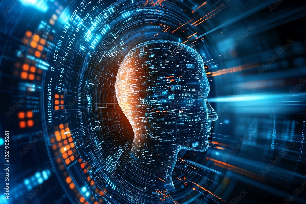 Poster a futuristic representation of artificial intelligence, featuring a digital human head surrounded by