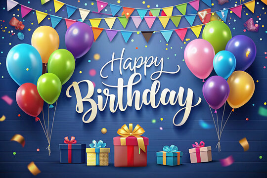 Colorful birthday celebration with balloons, banners, and gifts