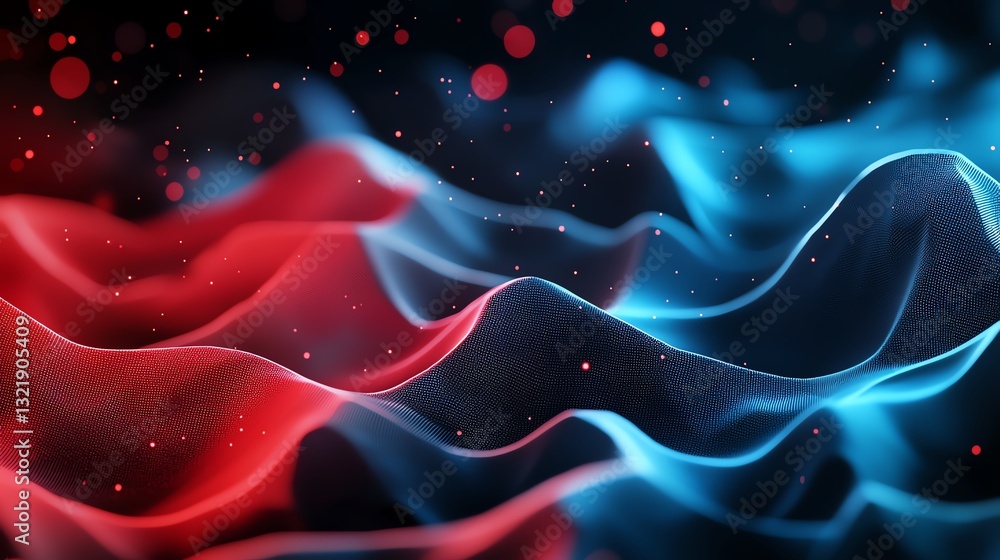 Poster a stunning abstract background featuring flowing waves in vibrant red and blue hues, creating a mesm