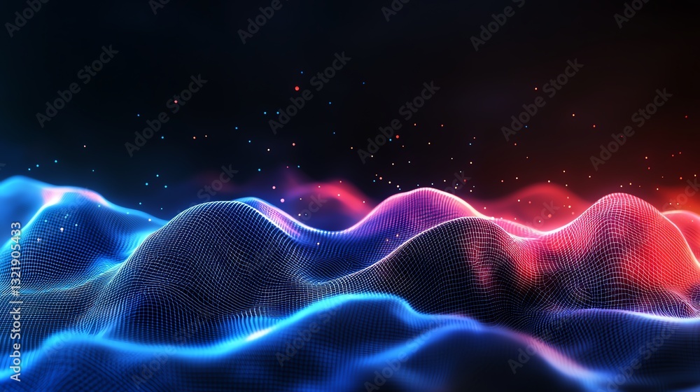 Aufkleber this vivid abstract landscape features glowing waves in vibrant blue and red hues, creating a mesmer