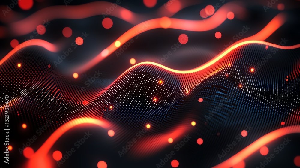 Poster a captivating abstract composition featuring flowing waves interspersed with glowing dots in vibrant