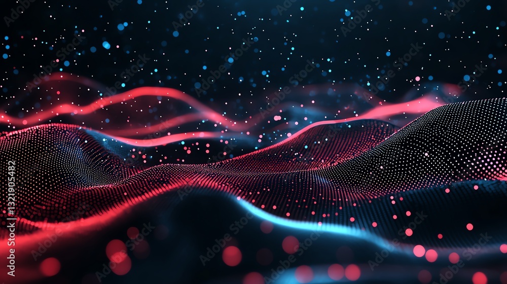 Poster an abstract representation of swirling waves illuminated with vibrant red and blue dots, creating a 
