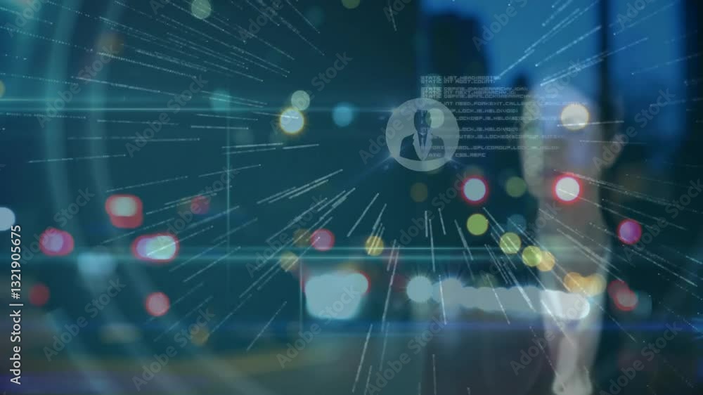 Poster animation of digital network overlaying cityscape with colorful bokeh lights
