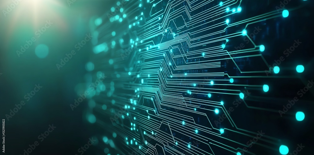 Poster a close-up view of intricate circuit patterns with glowing blue nodes against a dark background. thi
