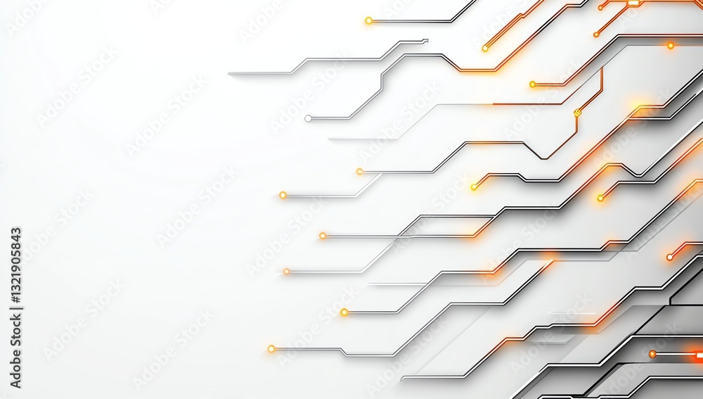Poster abstract circuit board design featuring dynamic lines and vibrant orange accents on a white backgrou