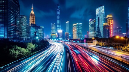 Obraz premium A speeding car racing through the illuminated streets of Shanghai China at night