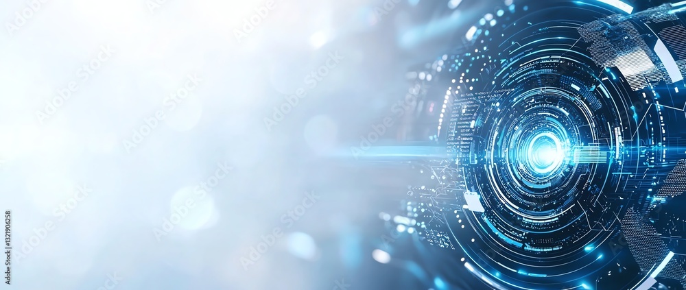 Poster futuristic abstract technology background showcasing a glowing circular design, with bright blue lig