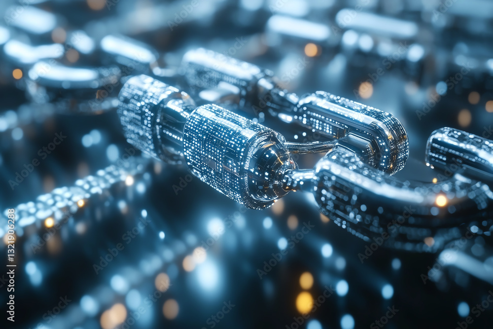 Poster Close-up of a shimmering chain link, symbolizing connection and strength in technology. Perfect for concepts related to blockchain and digital security.