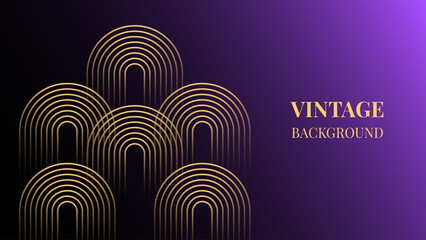 Obraz premium Dark purple gradient abstract background with gold rounded lines and shadows. Modern geometric pattern. Shiny poster or web banner template. Blended lines
