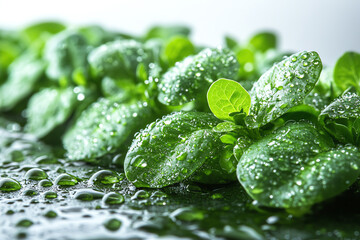 Close-up of fresh green leaves covered in droplets of water, showcasing nature's beauty and vitality in a serene, peaceful ambiance.