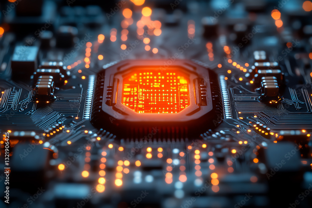Poster close-up view of a modern microchip on a circuit board, showcasing intricate details and glowing lig