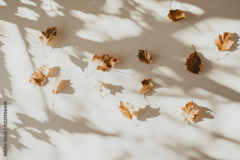 Poster fallen autumn leaves casting soft shadows on white wall create serene and artistic pattern