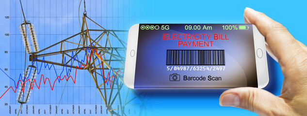 Electricity Bill on-line payment - concept image with an electricity pylon and hand holding a smartphone with online bill payment by mobile application. Note: Bar code is totally invented