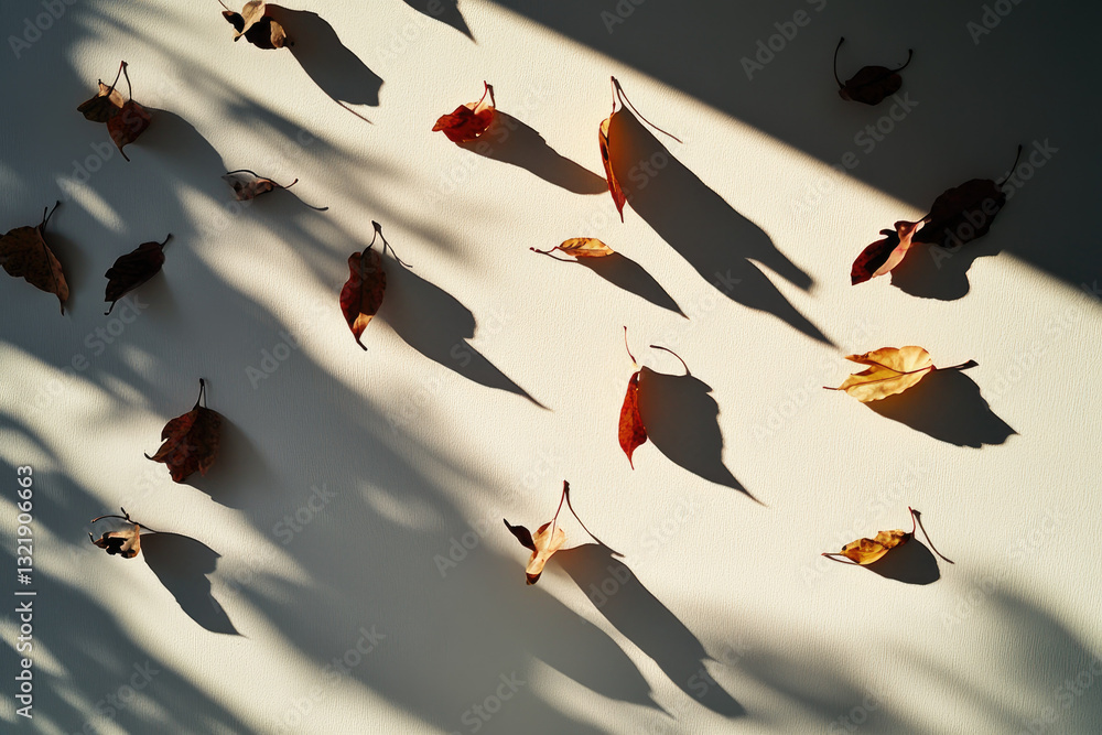 Poster fallen autumn leaves casting soft shadows on white wall, creating serene and artistic pattern. warm 