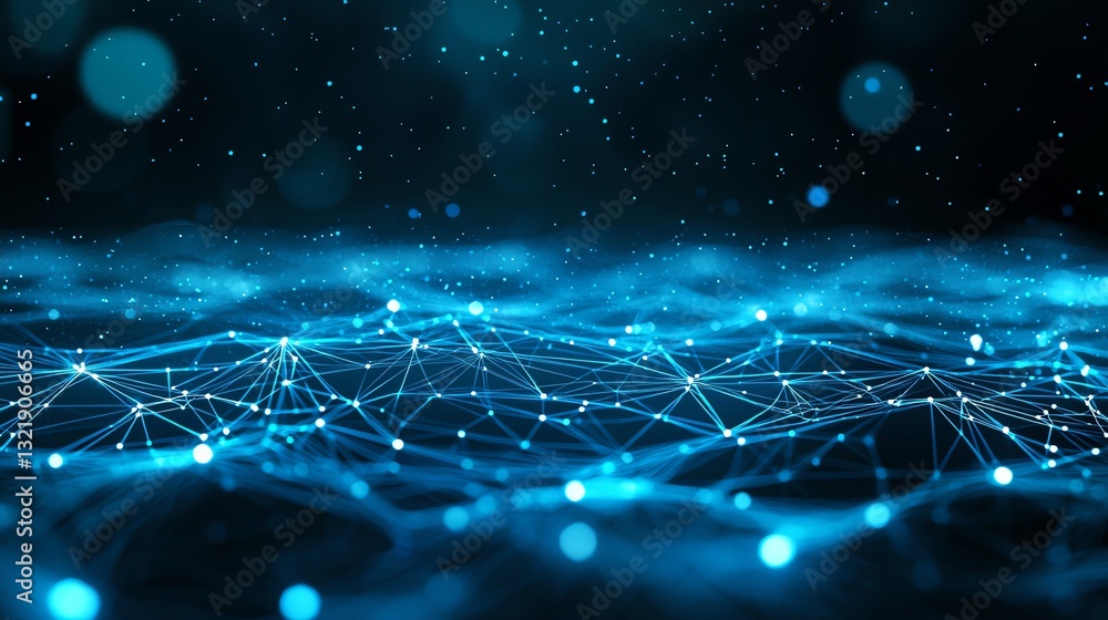 Poster a stunning visualization of interconnected blue particles, resembling a digital network. this image 