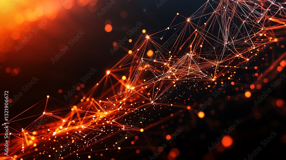 Poster an abstract representation of technology featuring glowing particles and interconnected lines, symbo