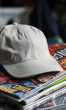A beige cap resting on a colorful stack of comic books with a blurred background of casual living space
