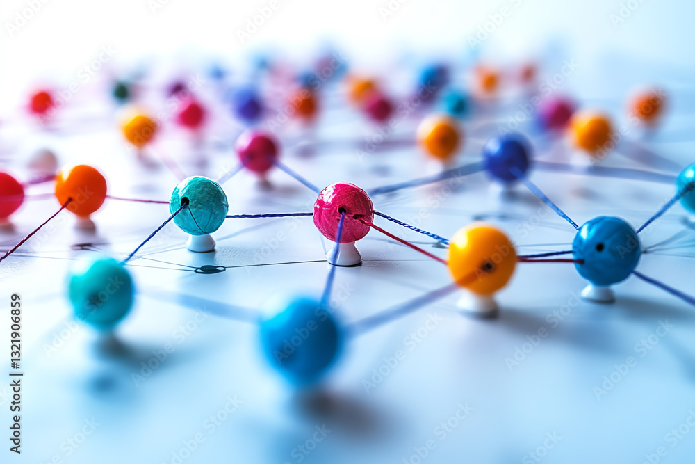 Poster Colorful network model representing connections and relationships in technology and data. A vibrant display of nodes and links showcasing complex structures.