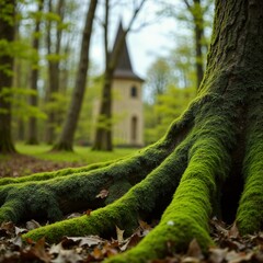Serene Moss-Covered Roots in Forest with Distant Spire