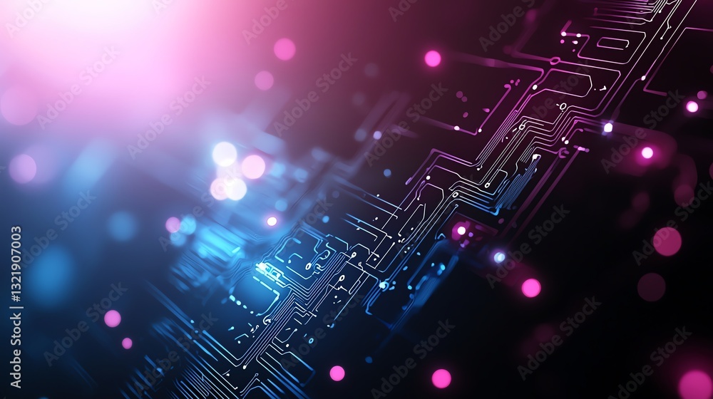 Poster a vibrant, abstract image showcasing intricate circuitry patterns illuminated by bright lights. idea