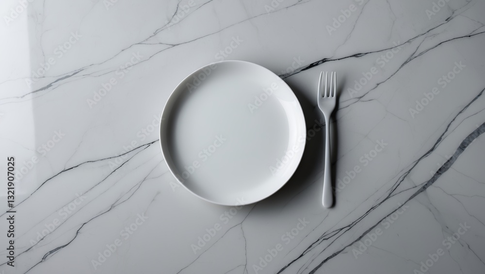 Poster simple white plate and fork arranged on a marble table surface in a modern dining setting