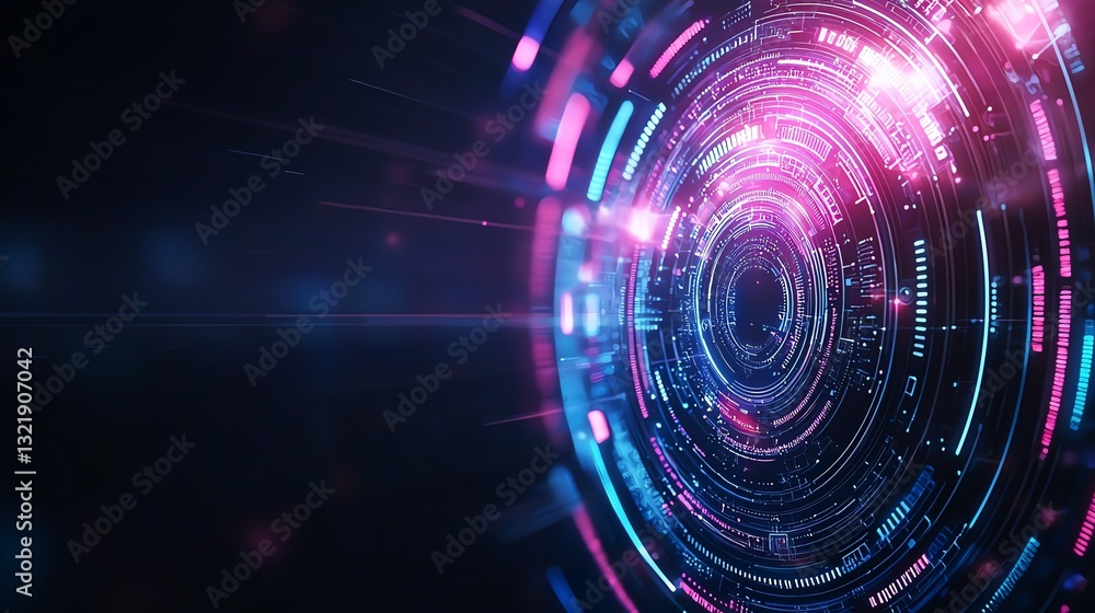 Poster a vibrant and dynamic digital background featuring concentric circles and glowing elements in blue a