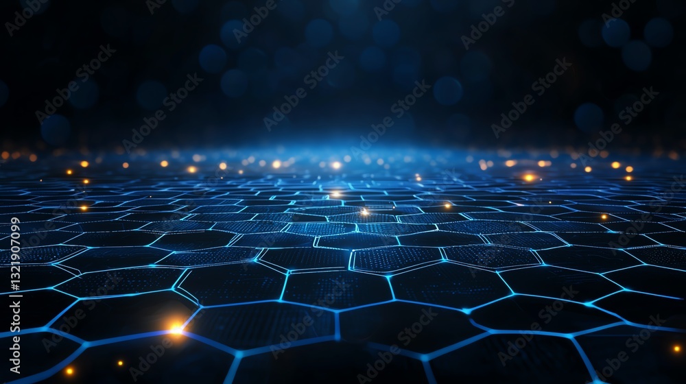 Poster a mesmerizing view of a hexagonal grid pattern illuminated by ethereal blue lights. the surface refl