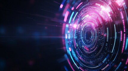 Obraz premium A vibrant and dynamic digital background featuring concentric circles and glowing elements in blue and pink tones, representing modern technology and data visualization concepts.