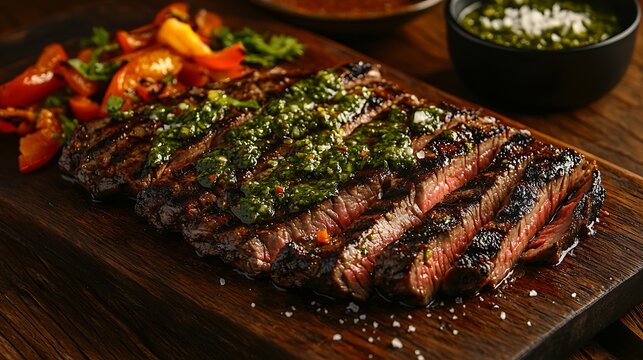A gourmet Mexican-inspired steak dish with sliced flank steak, arranged on a charred wooden board. The dish is complemented by a zesty chimichurri drizzle, fire-roasted bell peppers,