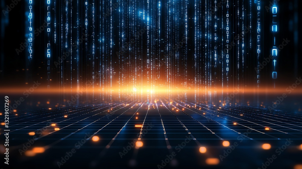 Poster a futuristic digital landscape showcasing glowing blue lines and sparkling orange lights, symbolizin