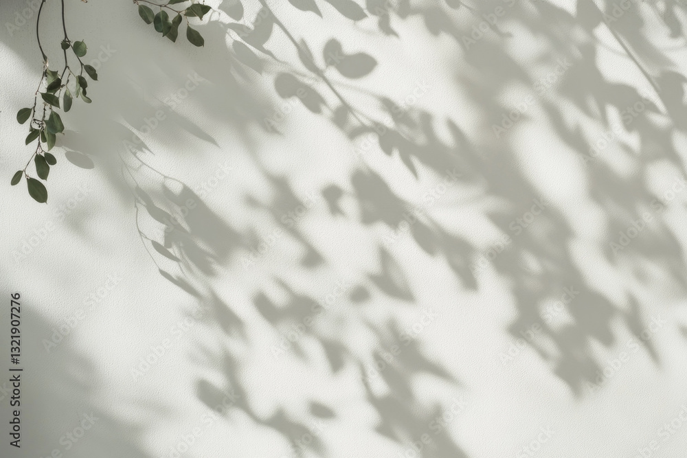 Poster soft shadows of leaves create delicate pattern on white wall, evoking sense of tranquility and natur