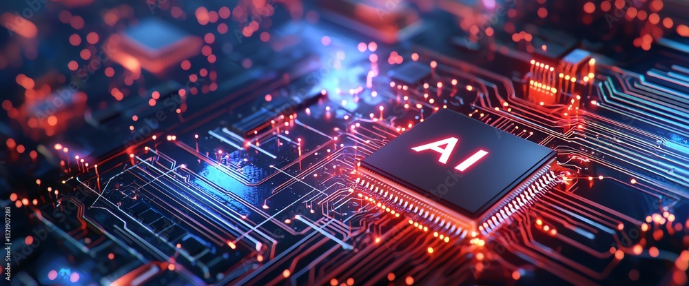 Poster a close-up view of a modern ai microchip on a circuit board, illuminated with vibrant lights, repres