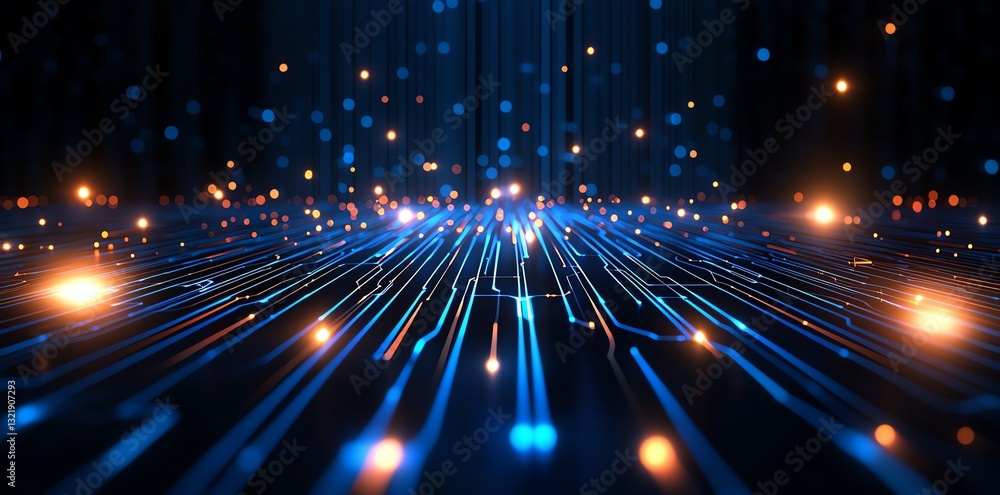 Poster a stunning visual of glowing lines and sparkles creating a dynamic and futuristic digital landscape,