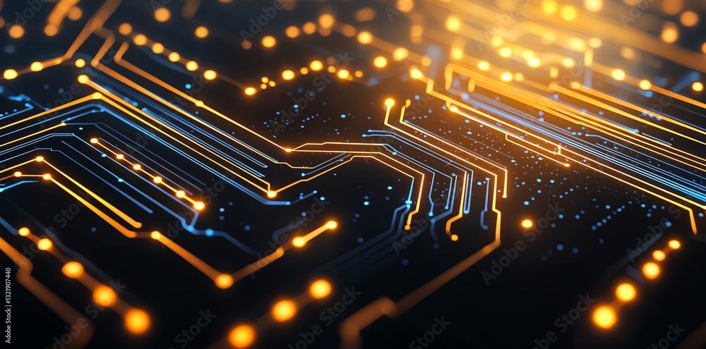 Poster close-up view of a modern circuit board with intricate designs and vibrant light effects. this image