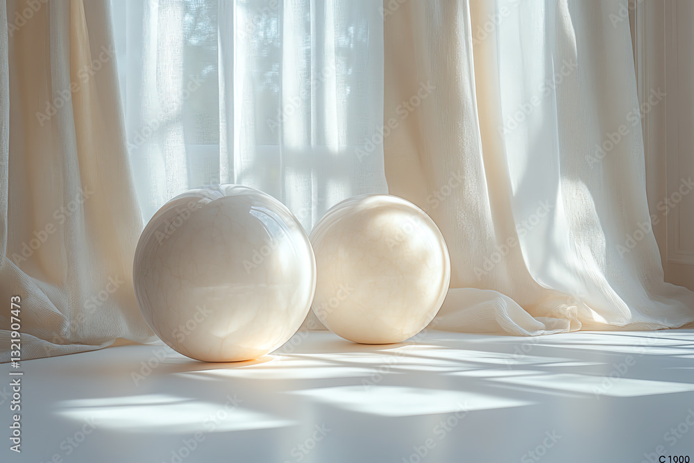 Poster elegant spheres placed on a white surface with flowing curtains in the background, showcasing light 