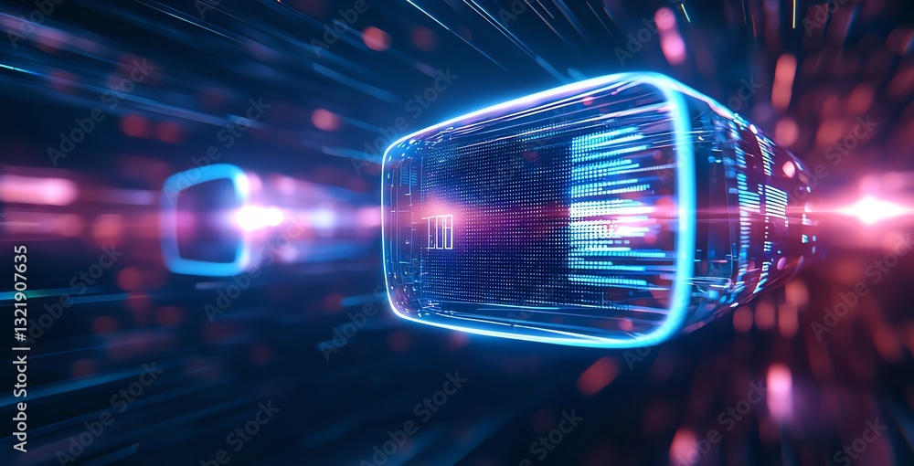 Poster a futuristic representation of a virtual reality environment, showcasing vibrant neon colors and fas