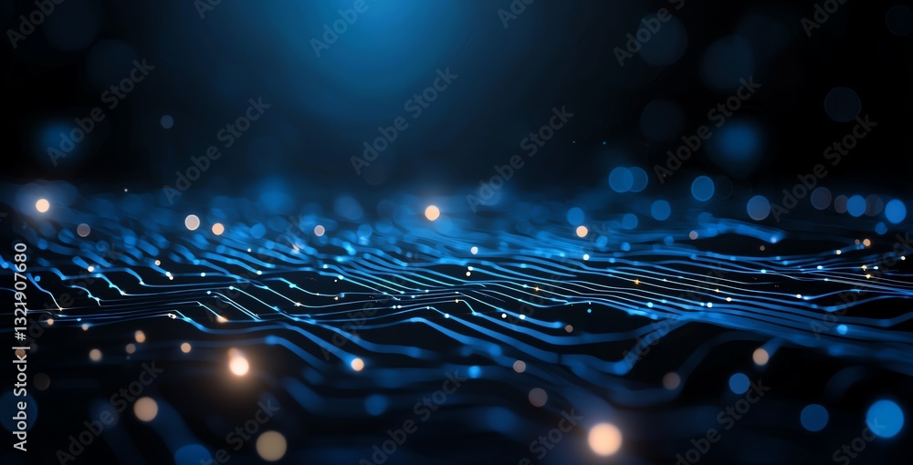 Poster a mesmerizing close-up view of a circuit board with glowing blue lights, showcasing intricate patter