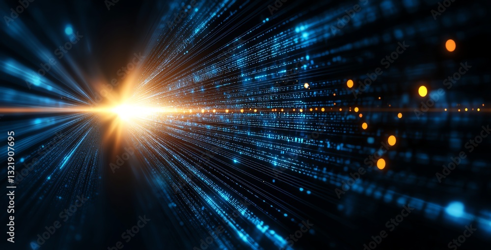 Poster dynamic visual of data streams converging towards a bright light, symbolizing innovation, speed, and