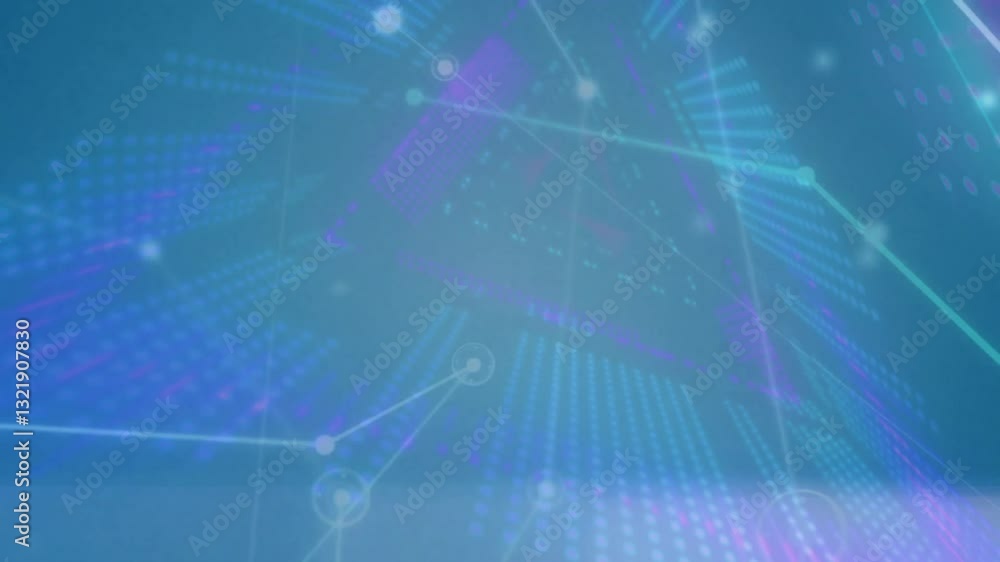 Poster glowing lines and dots forming digital animation network on blue background