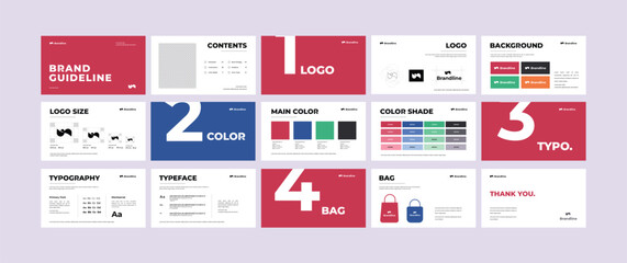 Complete brand guidelines design templates. Creative brand guidelines layout, Professional Logo Presentation, Logo and brand strategy guide, Modern Branding Template