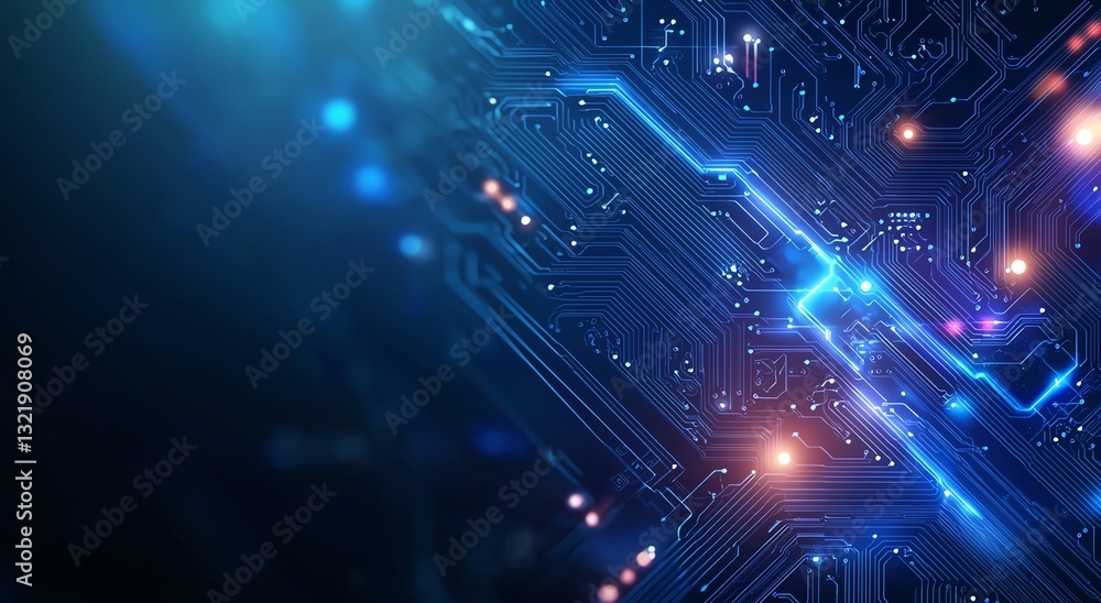 Poster a close-up view of intricate blue circuit board patterns illuminated by vibrant lights, representing