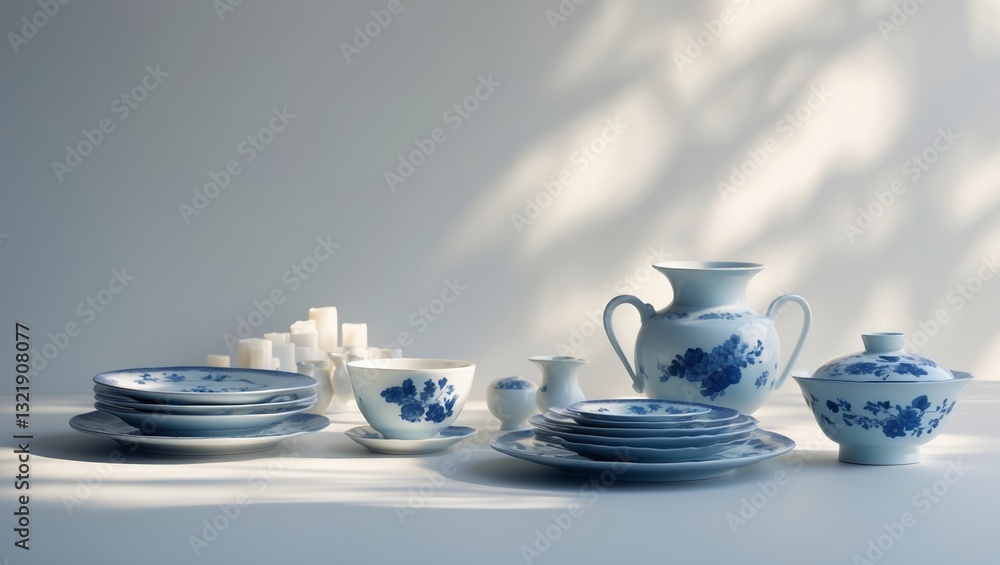 Poster elegant china set displayed on a light surface with gentle shadows in a minimalistic setting