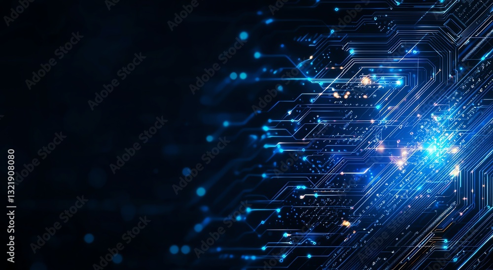 Poster a visually striking abstract representation of digital circuits and blue light effects conveys the e