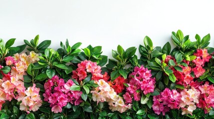 Fototapeta premium Colorful flowers and green leaves arranged beautifully on white backdrop
