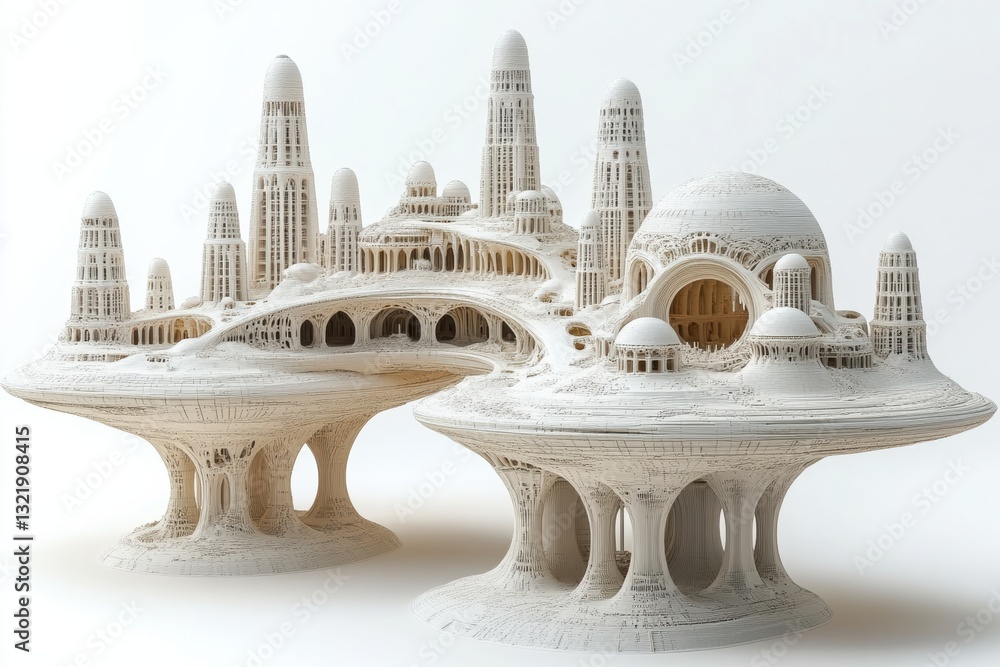 Poster Futuristic architectural model featuring intricate designs and structures that resemble a unique urban landscape, showcasing creativity and innovation.