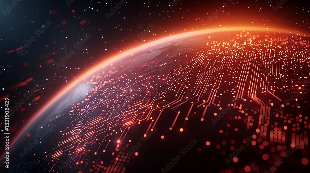 Aufkleber a digital representation of planet earth intertwined with circuit lines and glowing nodes, symbolizi